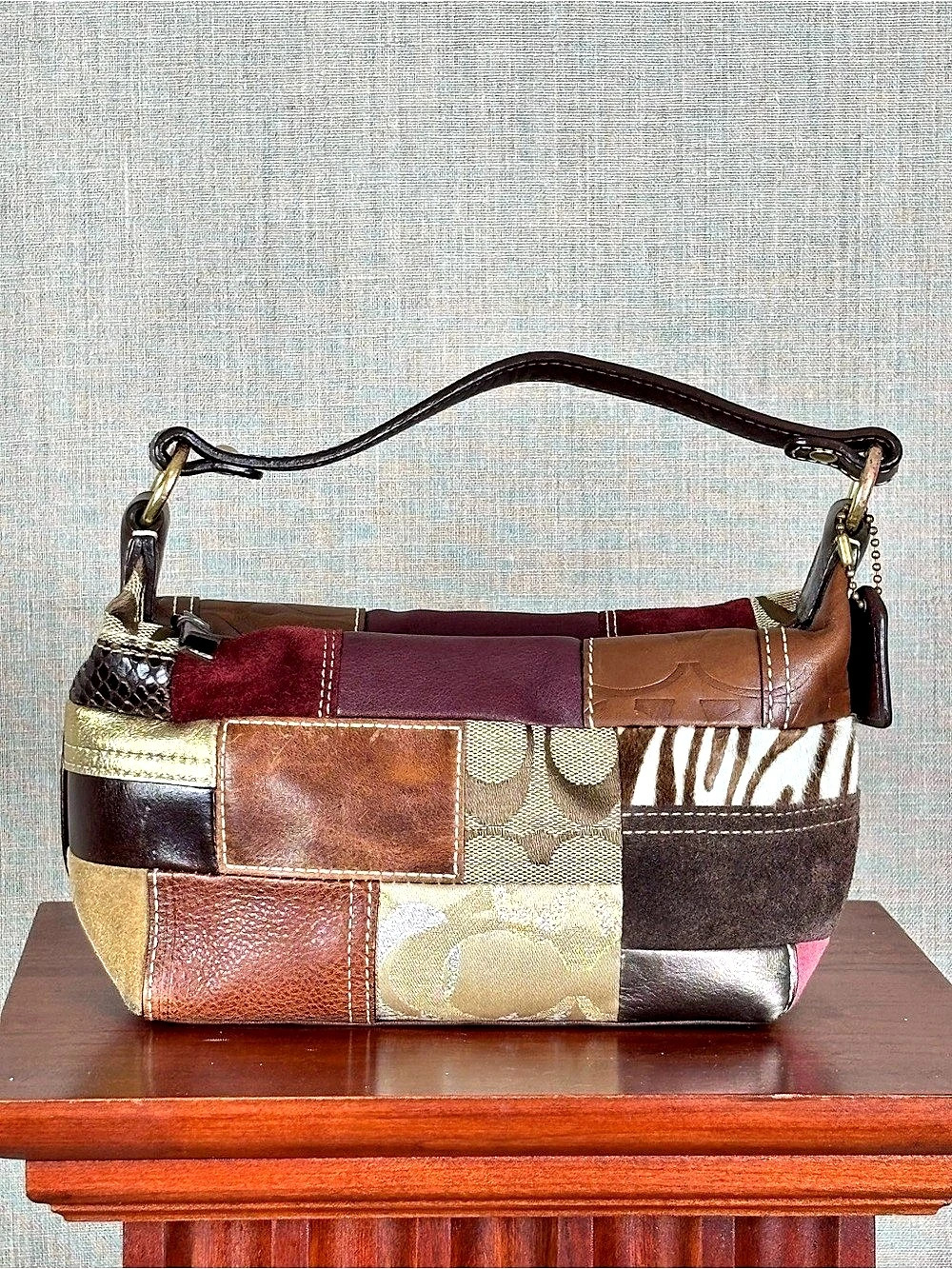 Coach Signature Patchwork Demi Bag Shoulder Bag in Brown & Burgundy